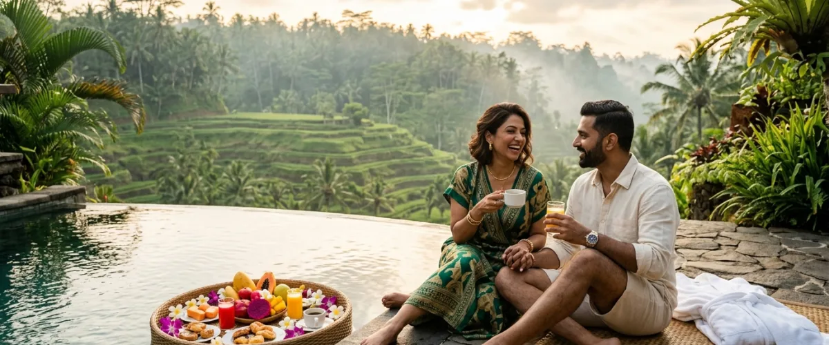 Indian couple enjoying morning floating breakfast beside private infinity pool overlooking lush tropical Ubud rice terraces in Bali