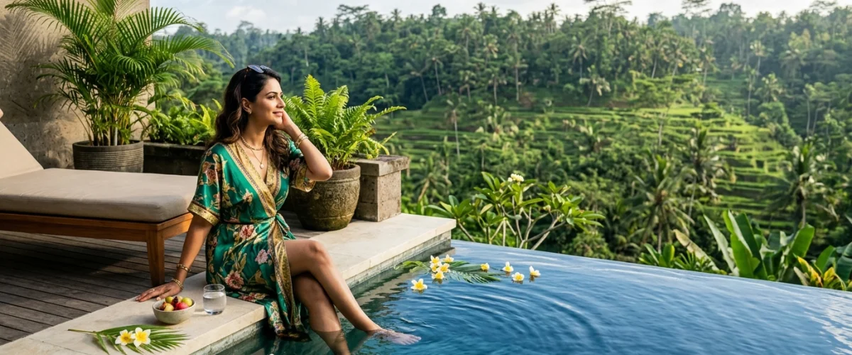 Indian traveller relaxing by a luxury infinity pool overlooking lush tropical Ubud rice terraces in Bali, Indonesia