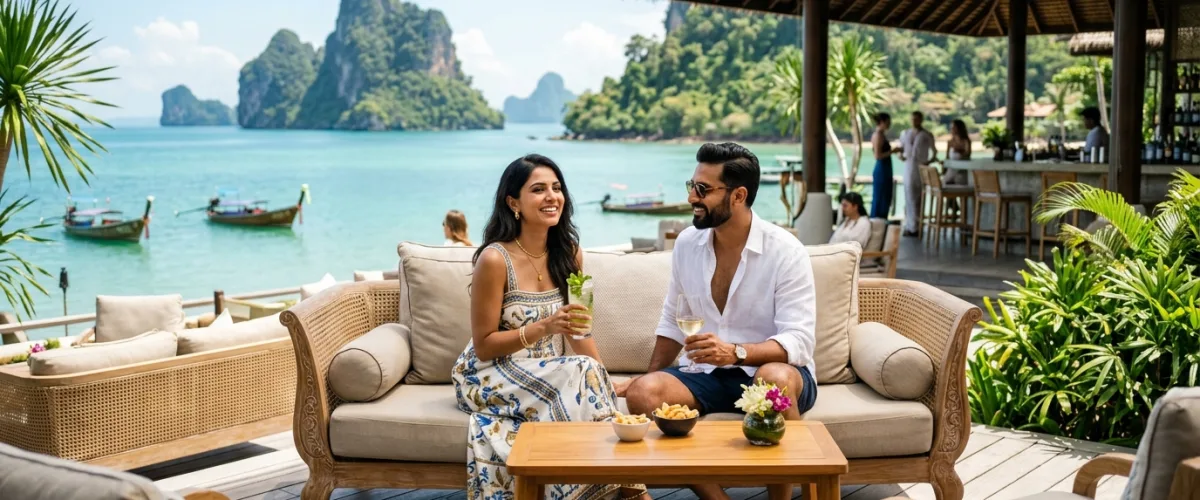 Indian couple enjoying cocktails by a tropical infinity pool overlooking the ocean at sunset