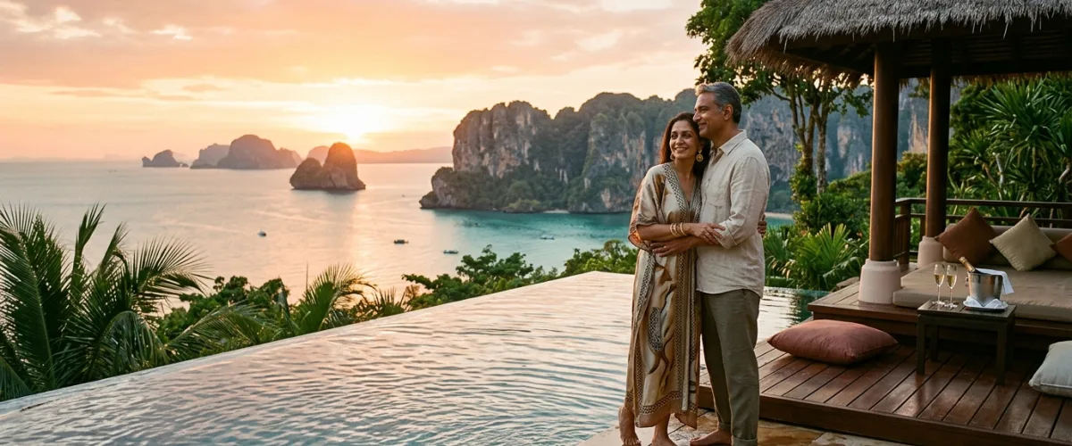 Indian couple enjoying sunset beside private clifftop infinity pool overlooking dramatic limestone karst islands in Thailand