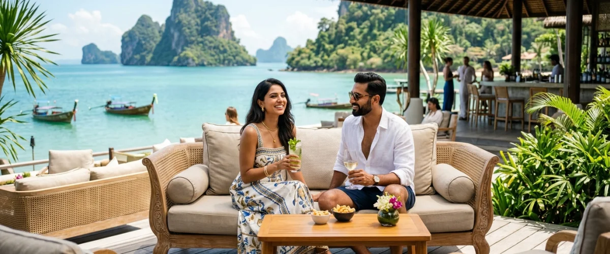 Stylish Indian couple enjoying tropical cocktails at a luxury oceanfront lounge in Thailand