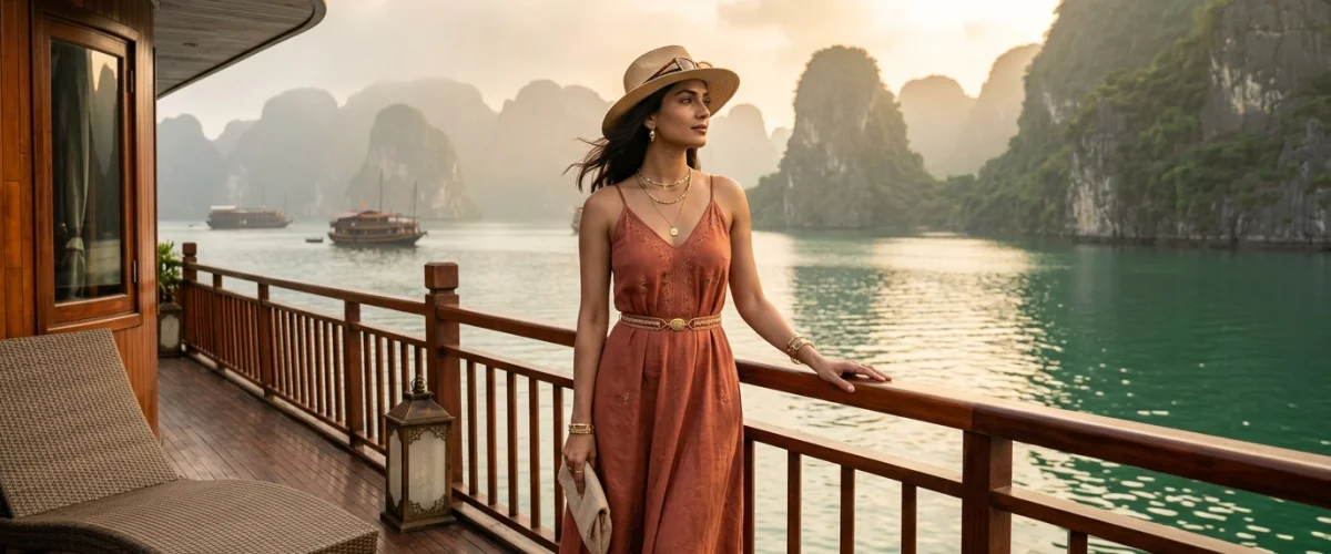 Elegant Indian traveller on the teak sun deck of a luxury Ha Long Bay boutique cruise in Vietnam